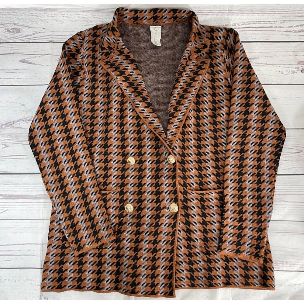 Joie Houndstooth Button Front Double Breasted Knit Cardigan Blazer Sweat…